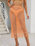 Sheer Crochet Knit Swim Cover-Up Skirt with Fringe