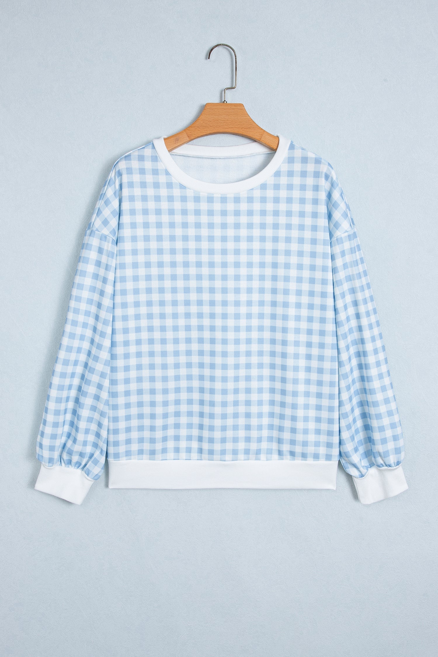 Light Blue Plaid Round Neck Long Sleeve Sweatshirt