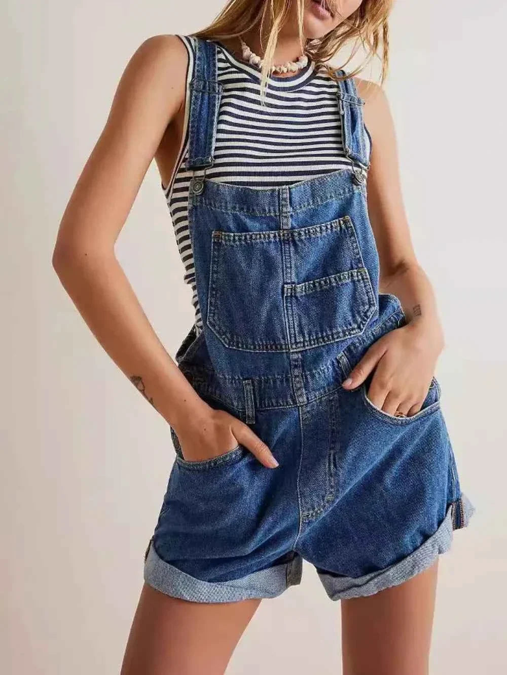 Medium Blue Striped Wide Strap Denim Short Overalls