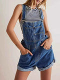 Medium Blue Striped Wide Strap Denim Short Overalls