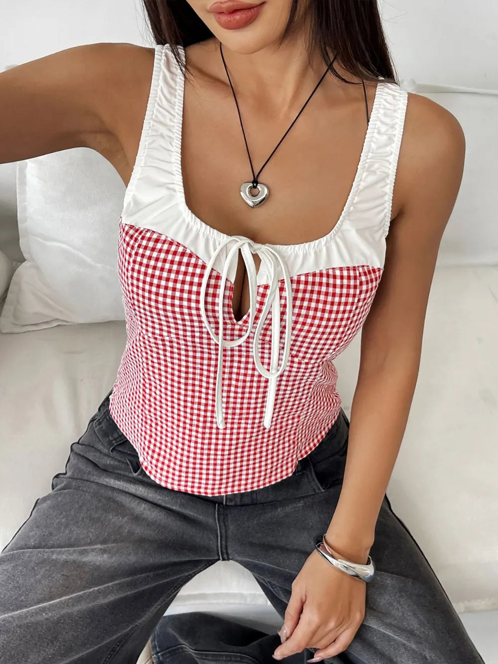 Contrast Plaid Square Neck Woven Tank Top