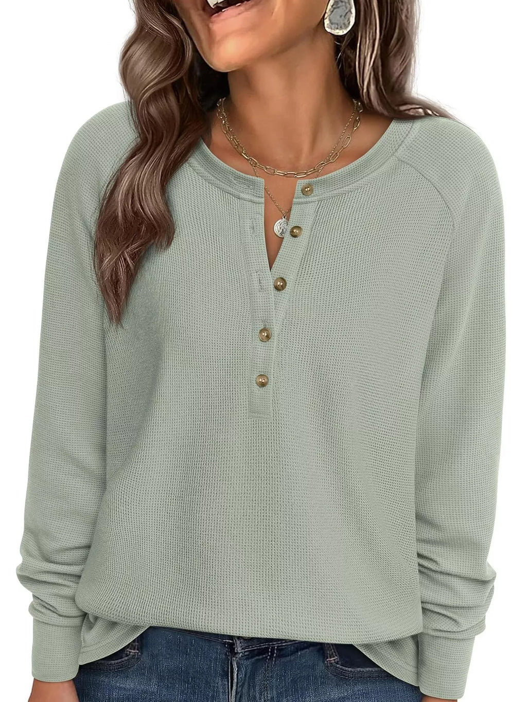 Waffle Knit Henley Long Sleeve T-Shirt