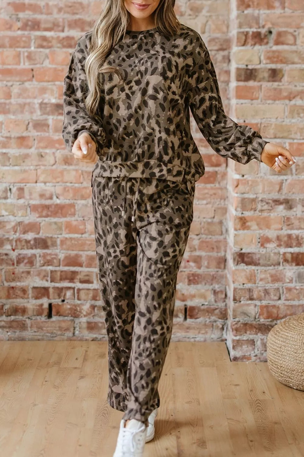 Leopard Print Long Sleeve Top and Pants Set