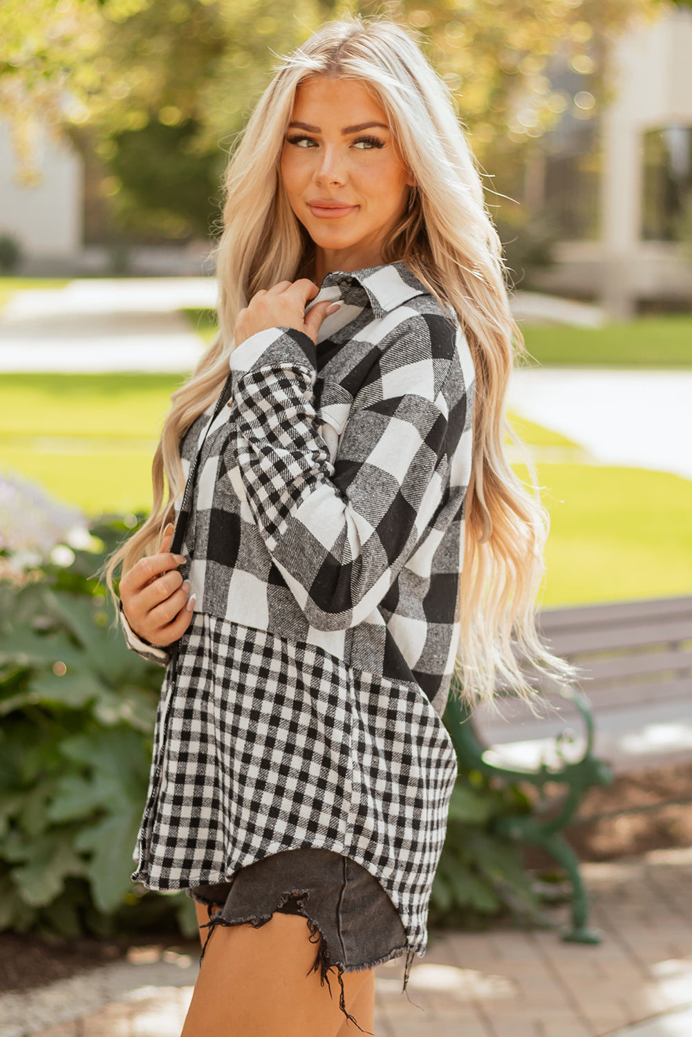 Plaid Patchwork Drawstring Hooded Shacket
