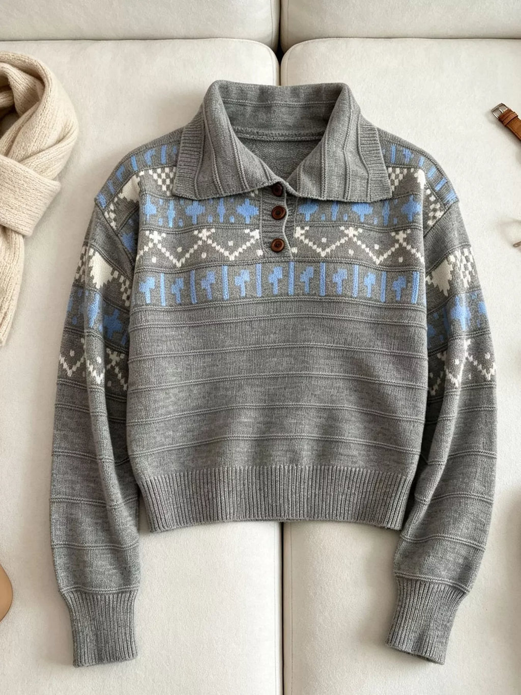 Vintage-Inspired Fair Isle Patterned Polo Sweater