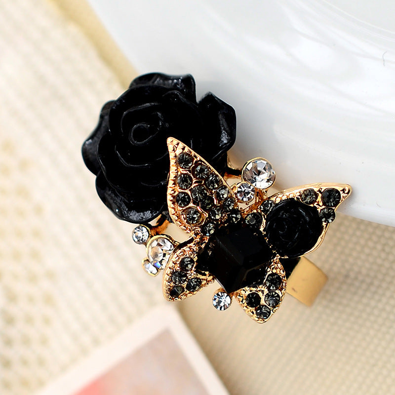 Cross-border Jewelry European And American Retro Butterfly Ring Women's Opening Full Diamond Crystal Rose Flower Ring Bohemian Style