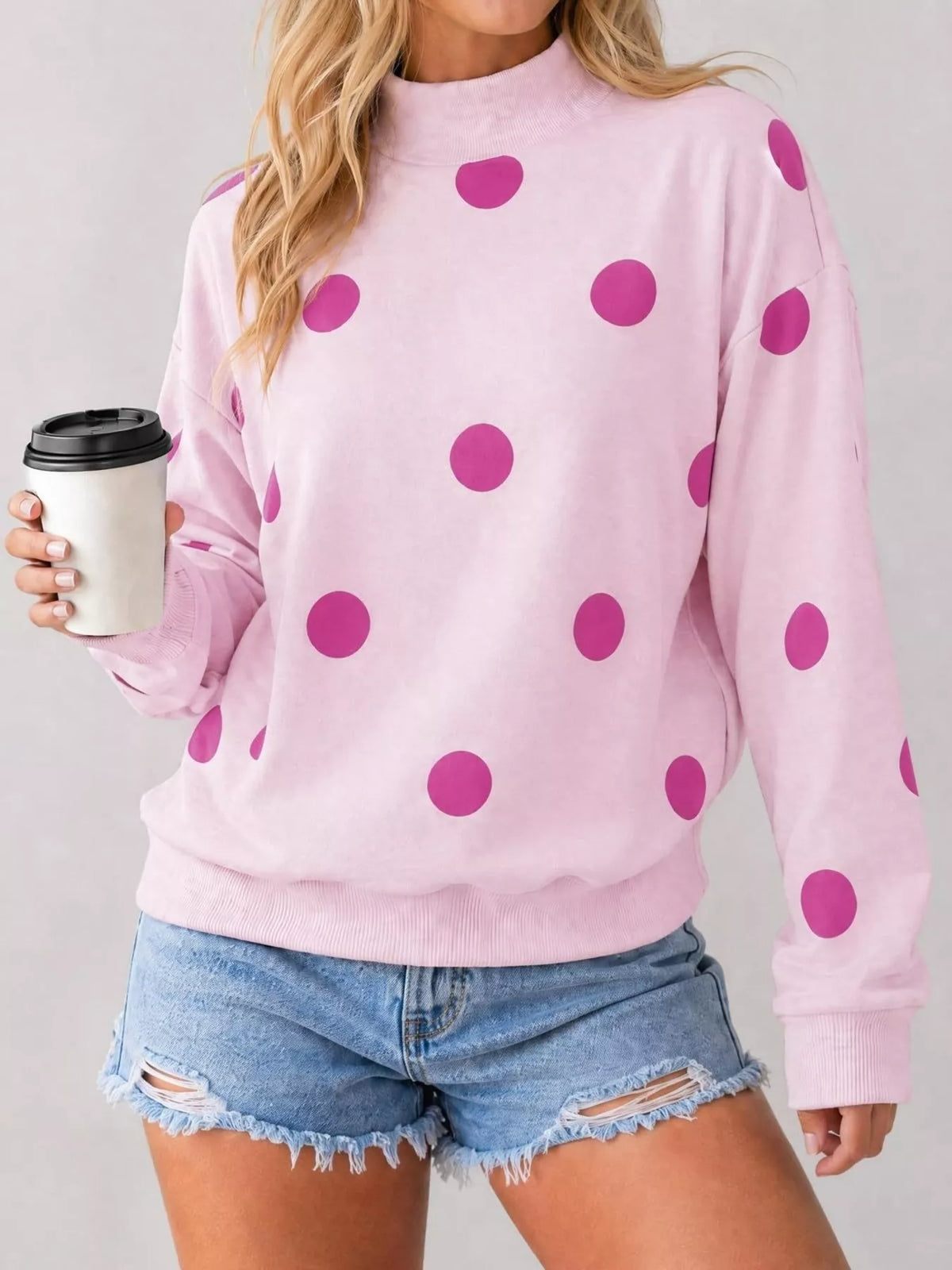 Mock Neck Polka Dot Print Oversized Sweatshirt