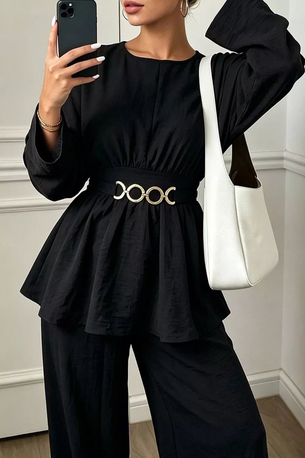 Metal Chain Waist Detail Top and Pants Set