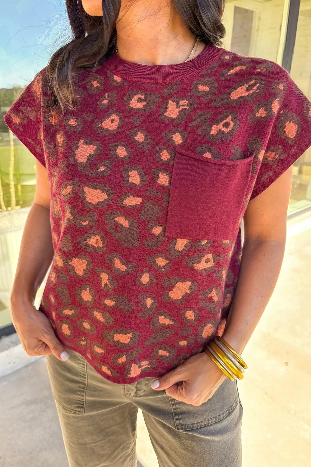 Leopard Print Cap Sleeve Knit Top