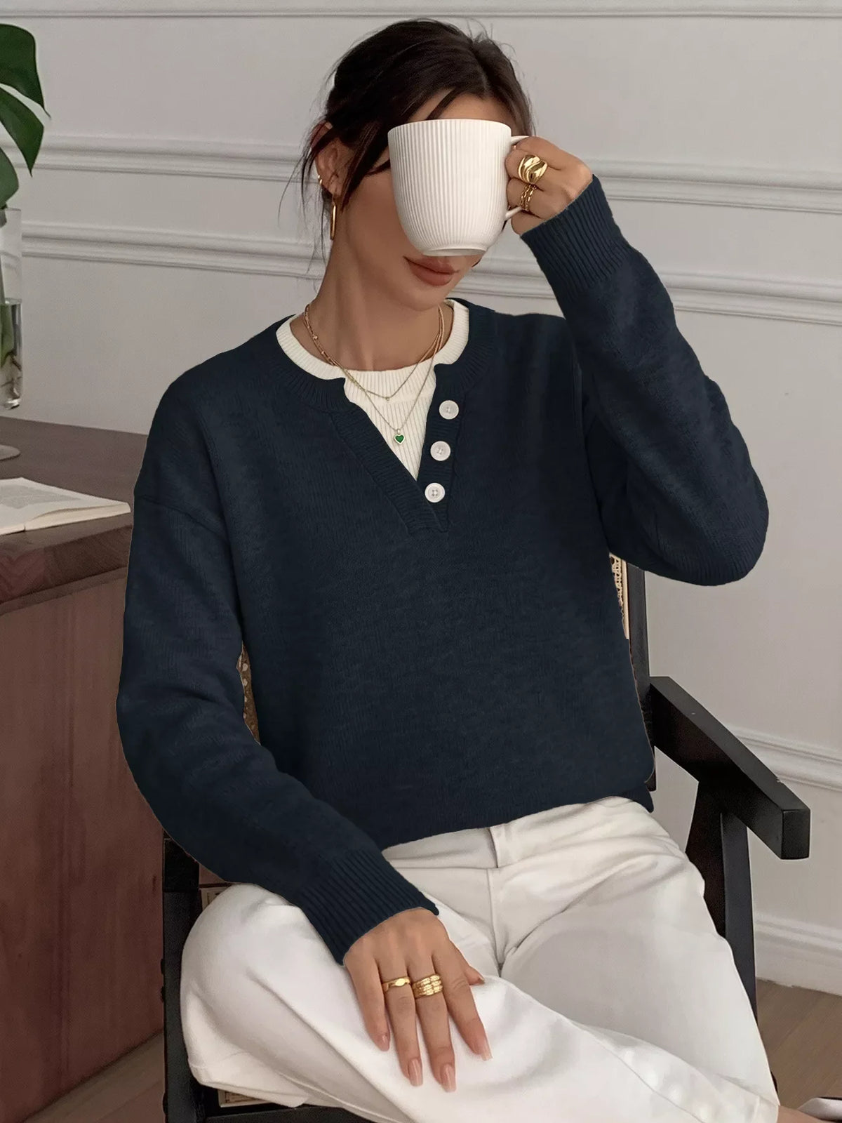 Dropped Shoulder Decorative Button Sweater