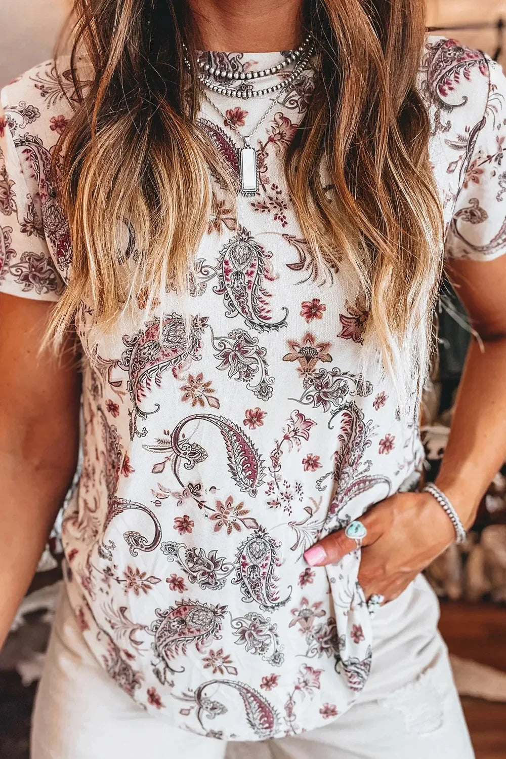 Paisley Print Mock Neck Short Sleeve Tee