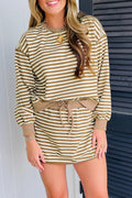 Brown Stripe Textured Drop Shoulder Pullover Top Drawstring Mini Skort Two Piece Dress Set