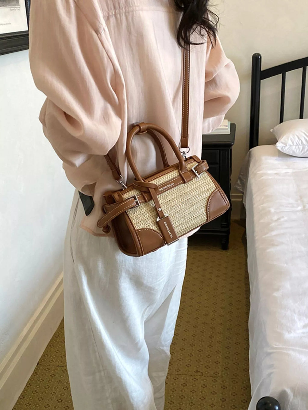Leather Trim Woven Crossbody Bag