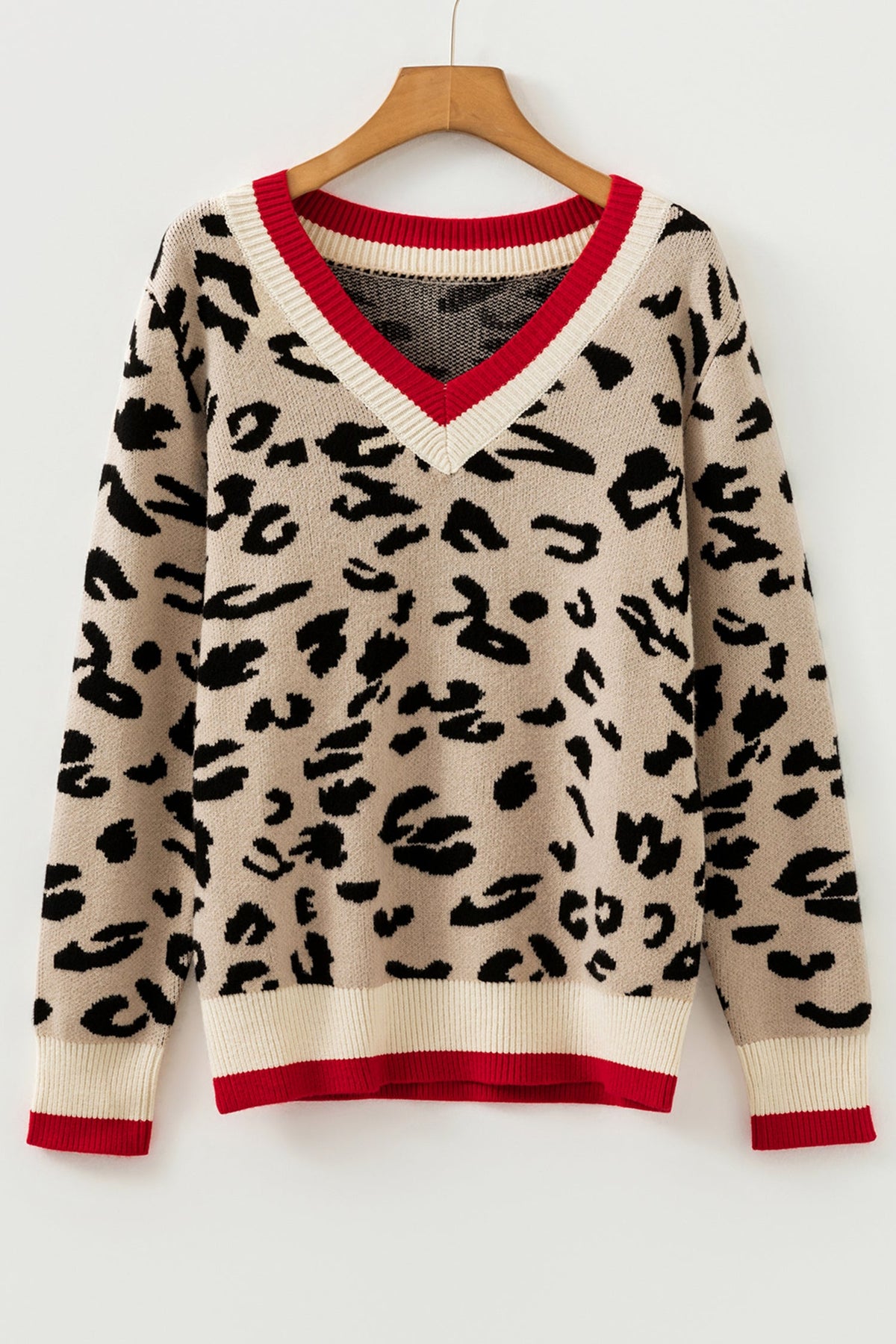 Leopard Contrast Stripe Ribbed Knit V-Neck Sweater