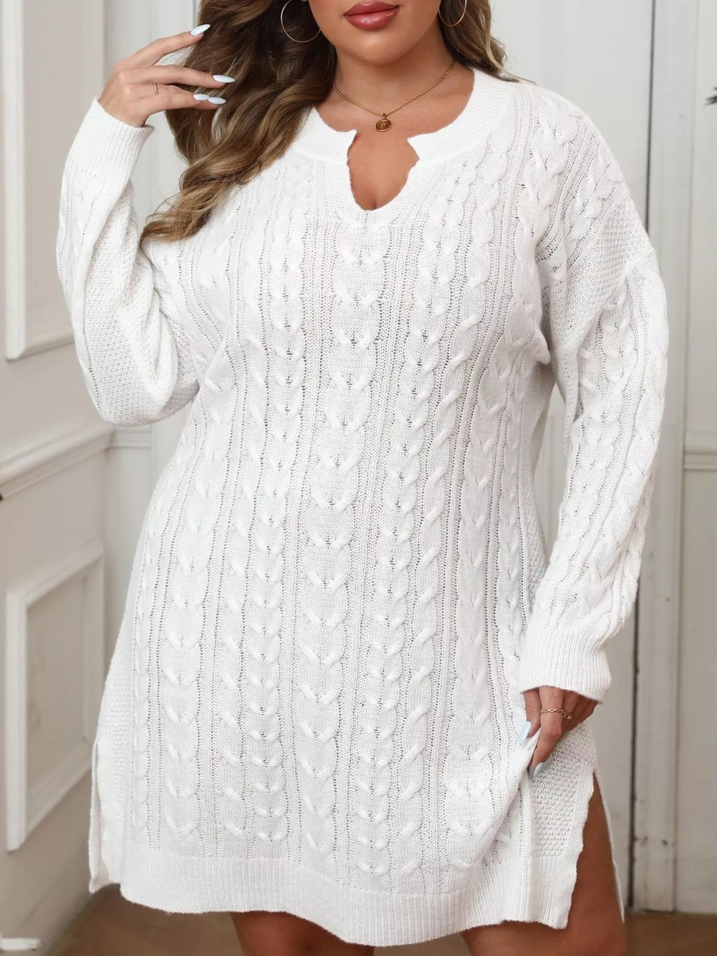 Plus Size Cable Knit Long Sleeve Sweater Dress