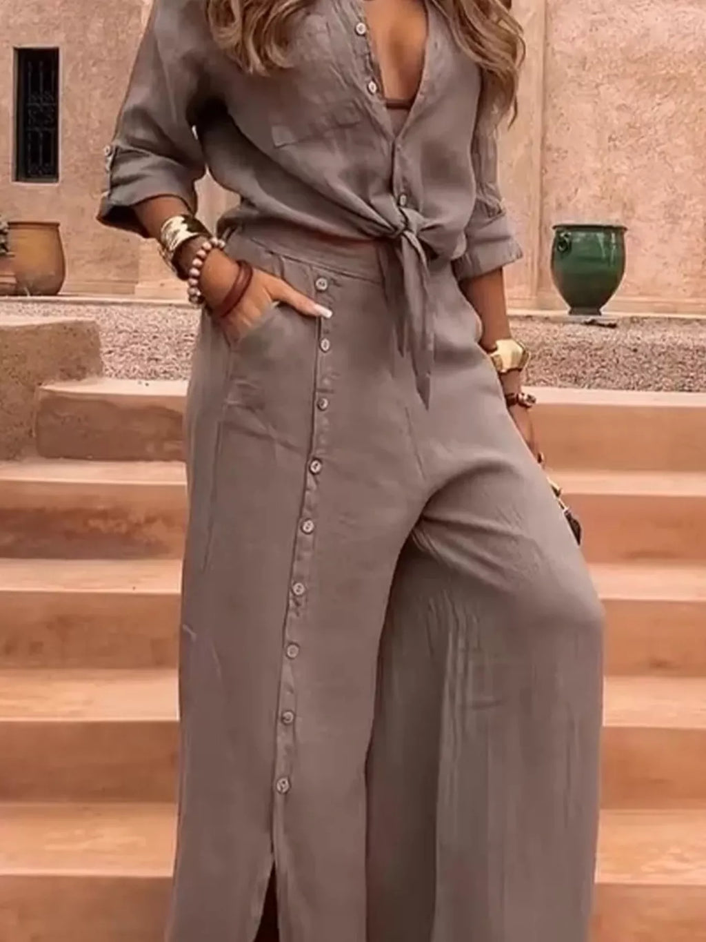 Full Size Tie-Front Shirt and Button-Down Wide-Leg Pants Set Plus Size