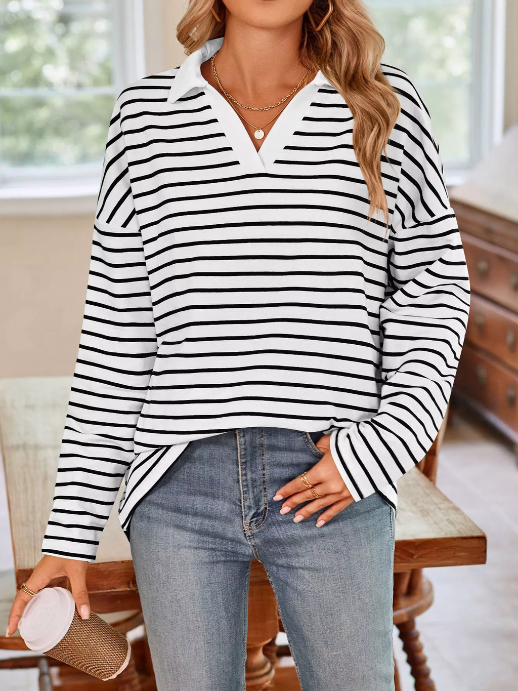 Oversized Striped Johnny Collar T-Shirt