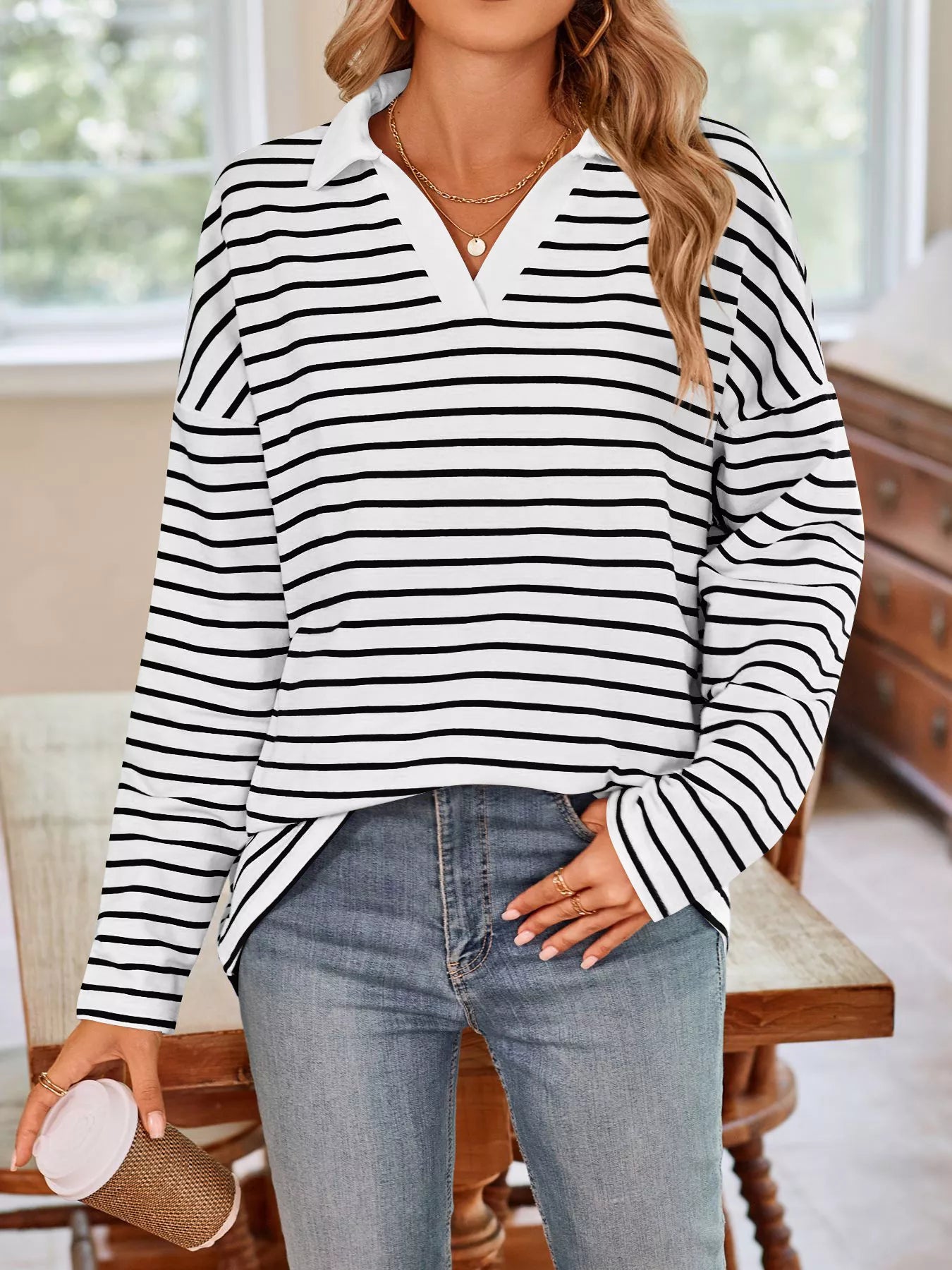Oversized Striped Johnny Collar T-Shirt