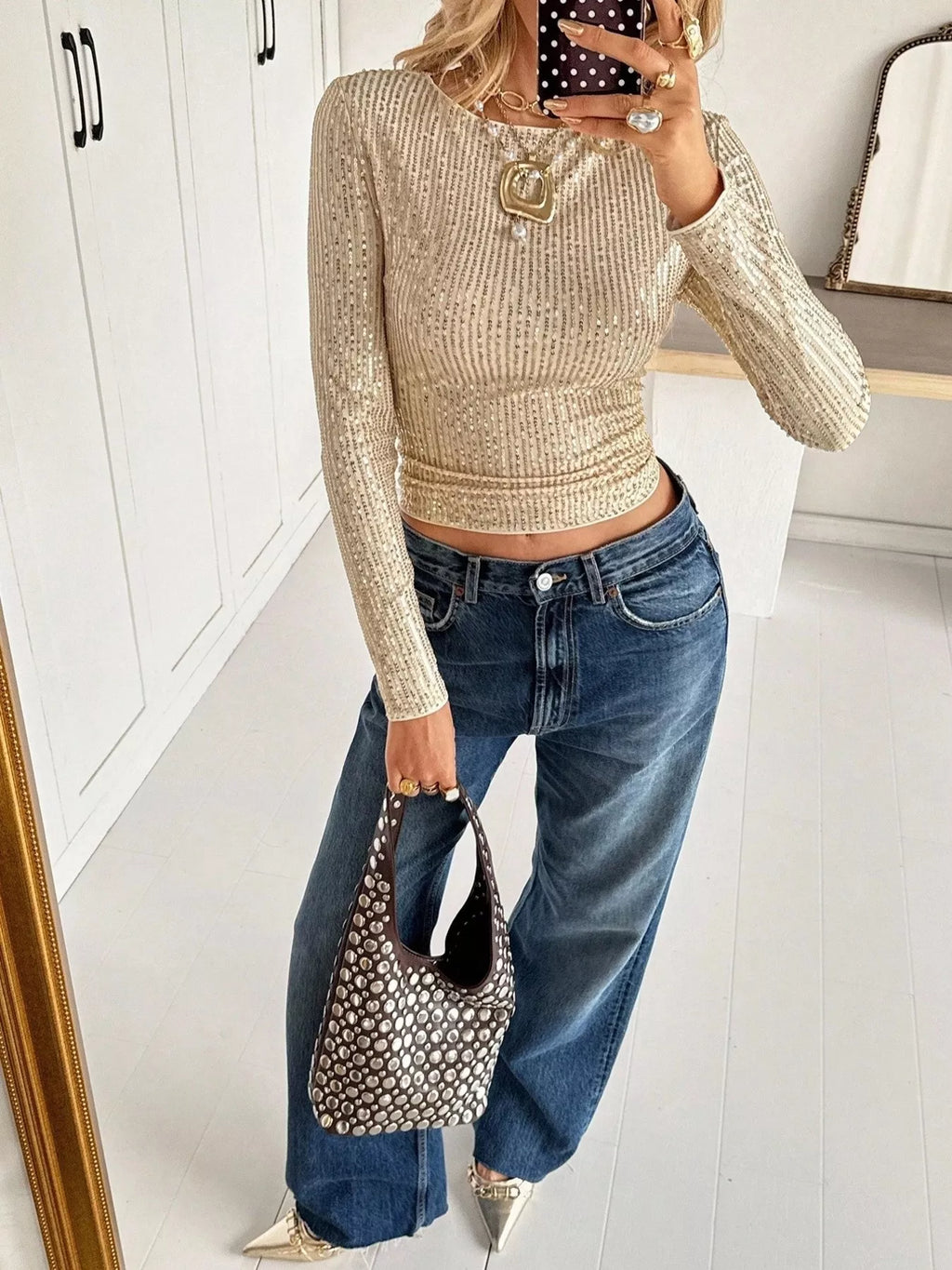 Sequin Long Sleeve Crop T-Shirt