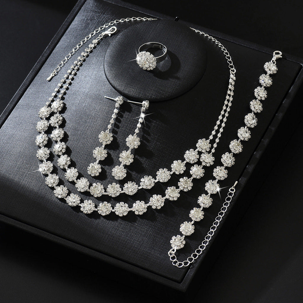 2026 Hot Cross-border Wedding Accessories Double-layer Sunflower Diamond Necklace Earrings Bracelet Ring Four-piece Set