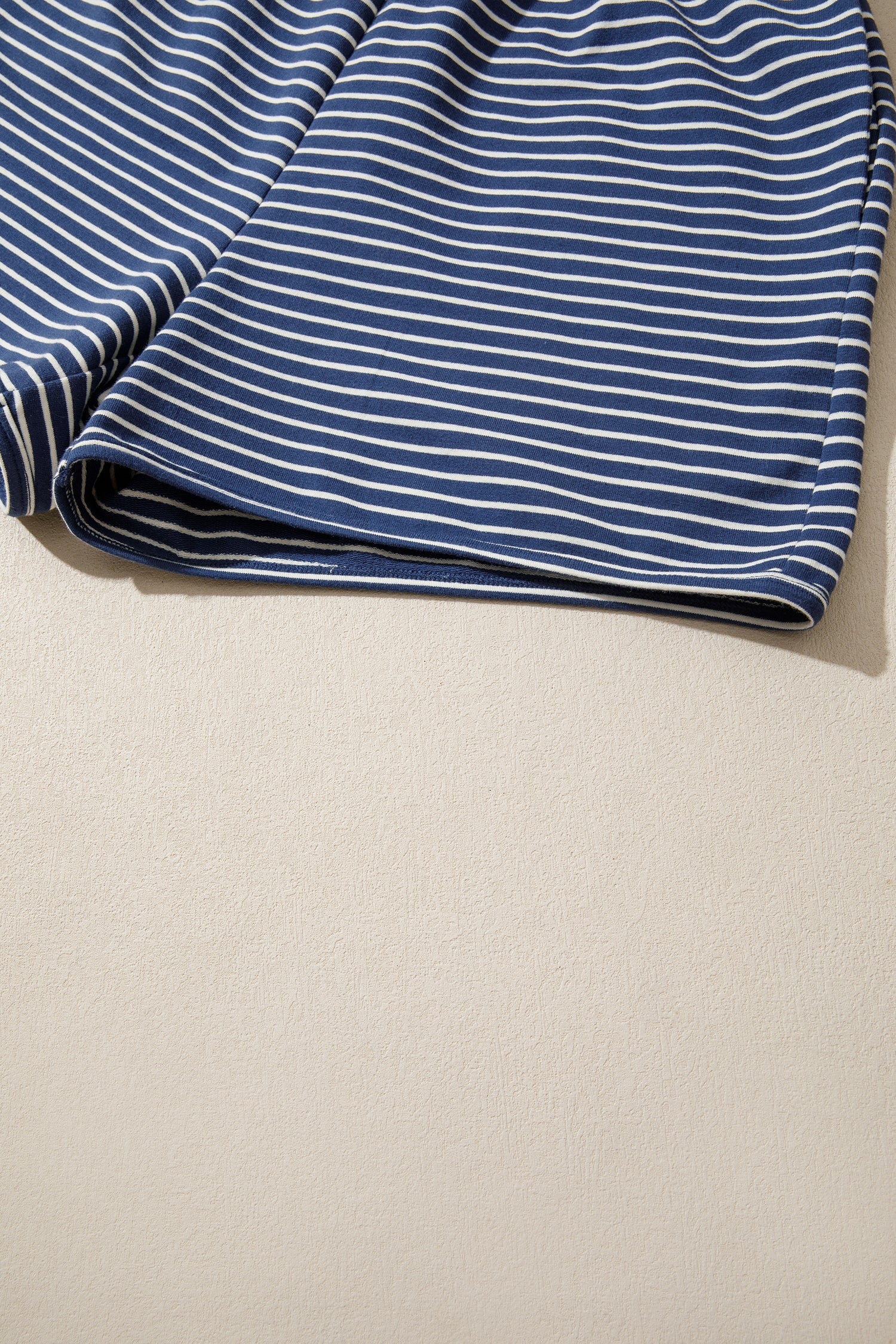 Blue Stripe Ribbed Patchwork Mock Neck Baggy Pullover Matching Shorts Set