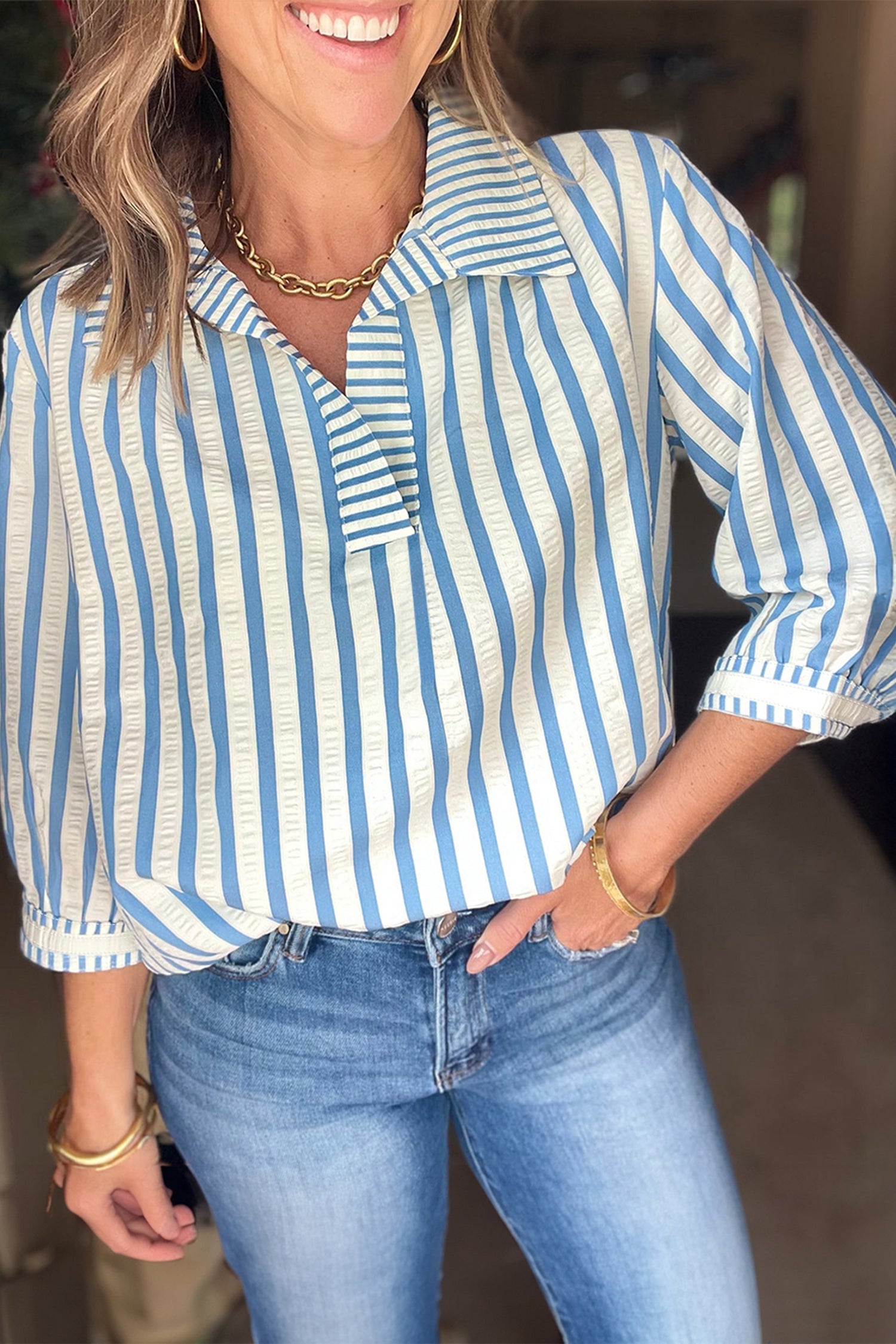 Sky Blue Stripe 3/4 Sleeve Collared Neck Blouse