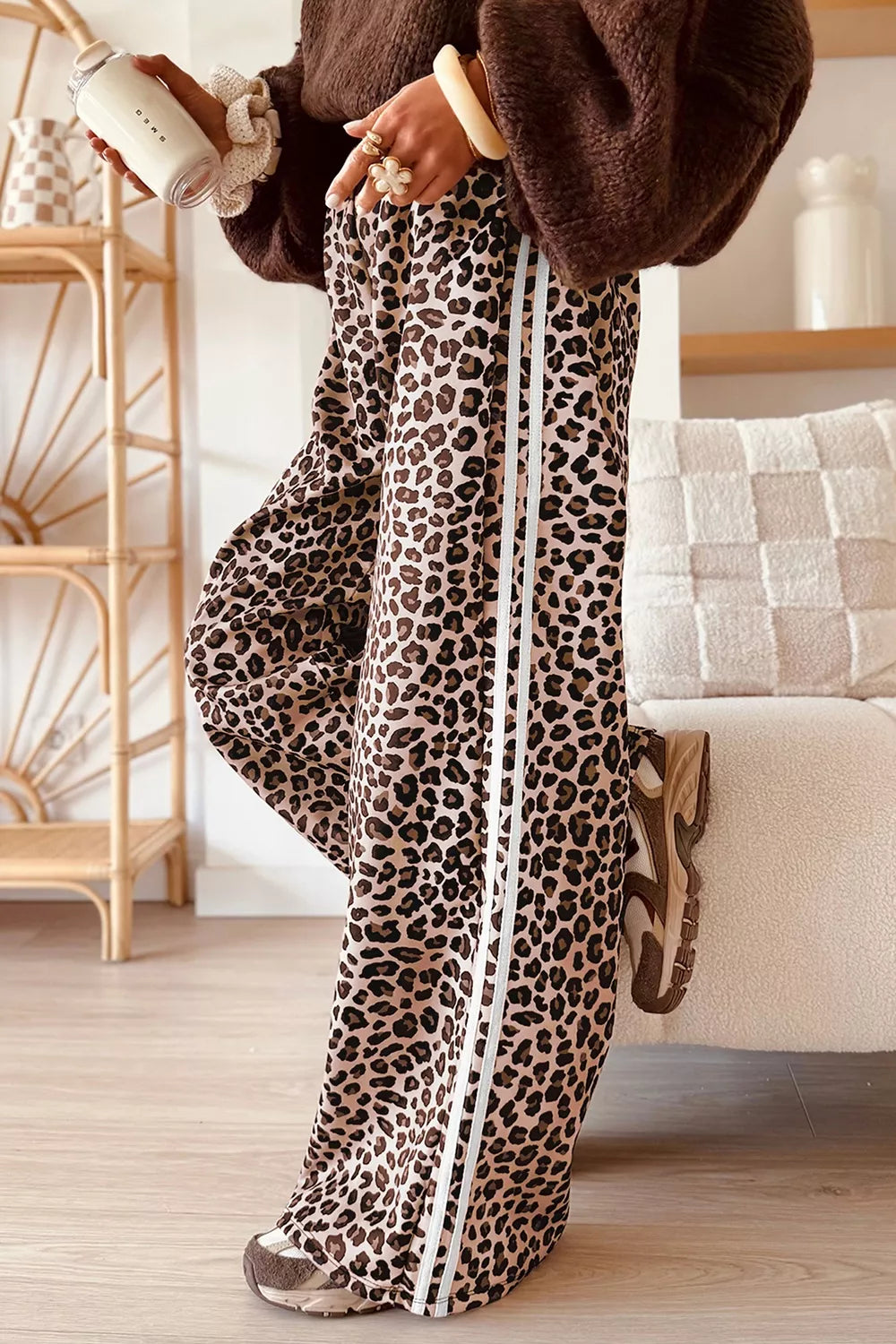 Leopard Print Side Striped Detail Casual Wide Leg Pants