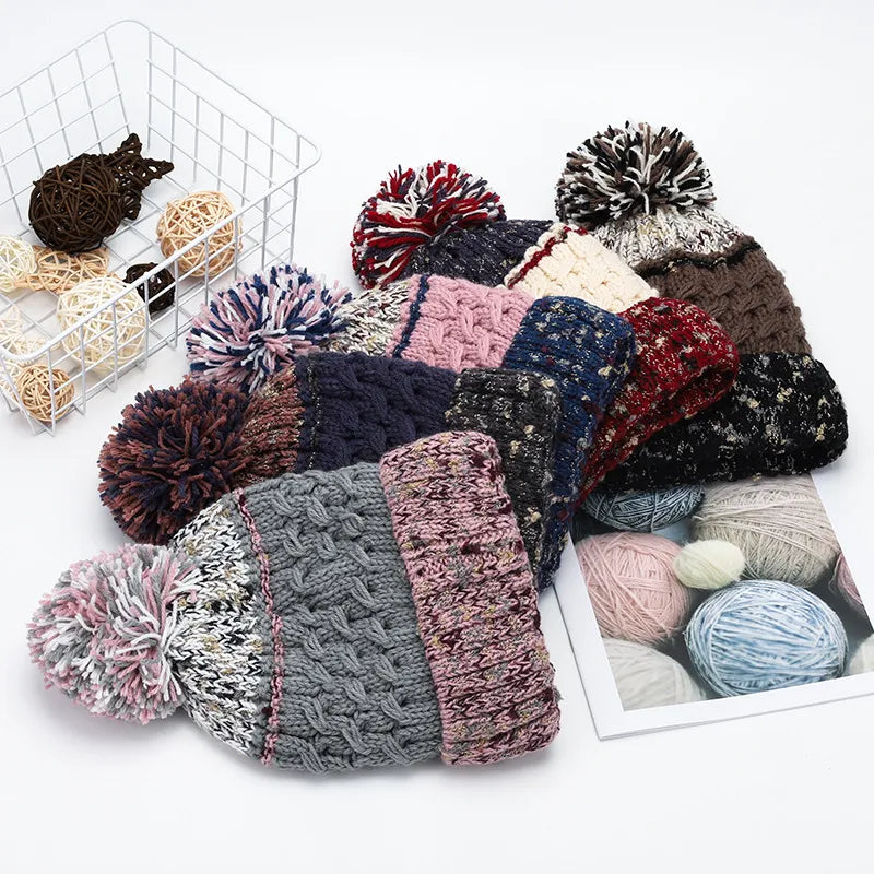 Contrast Thermal Cable Knit Beanie with Pompom