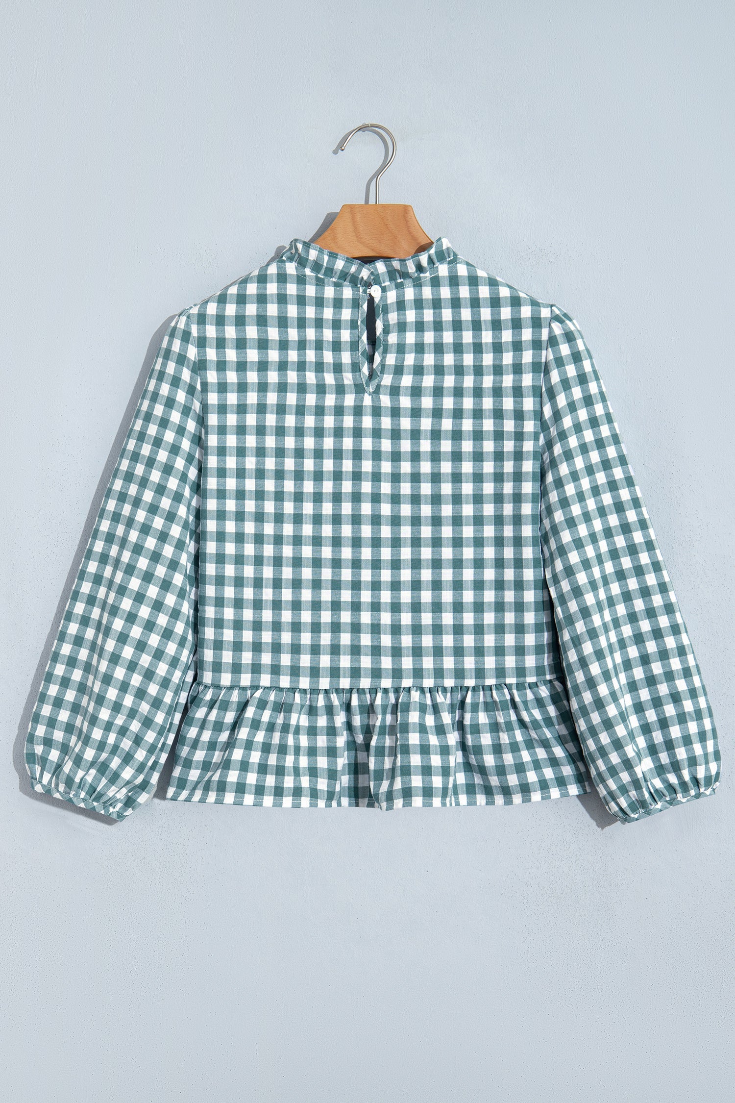 Gingham Shirred Long Sleeve Peplum Top