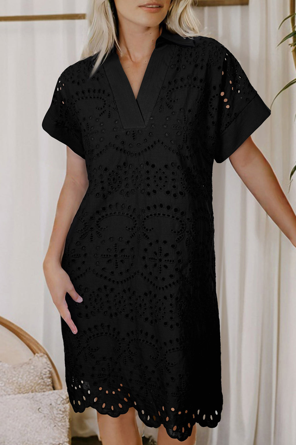 Black Solid Color Eyelet Embroidered T Shirt Mini Dress
