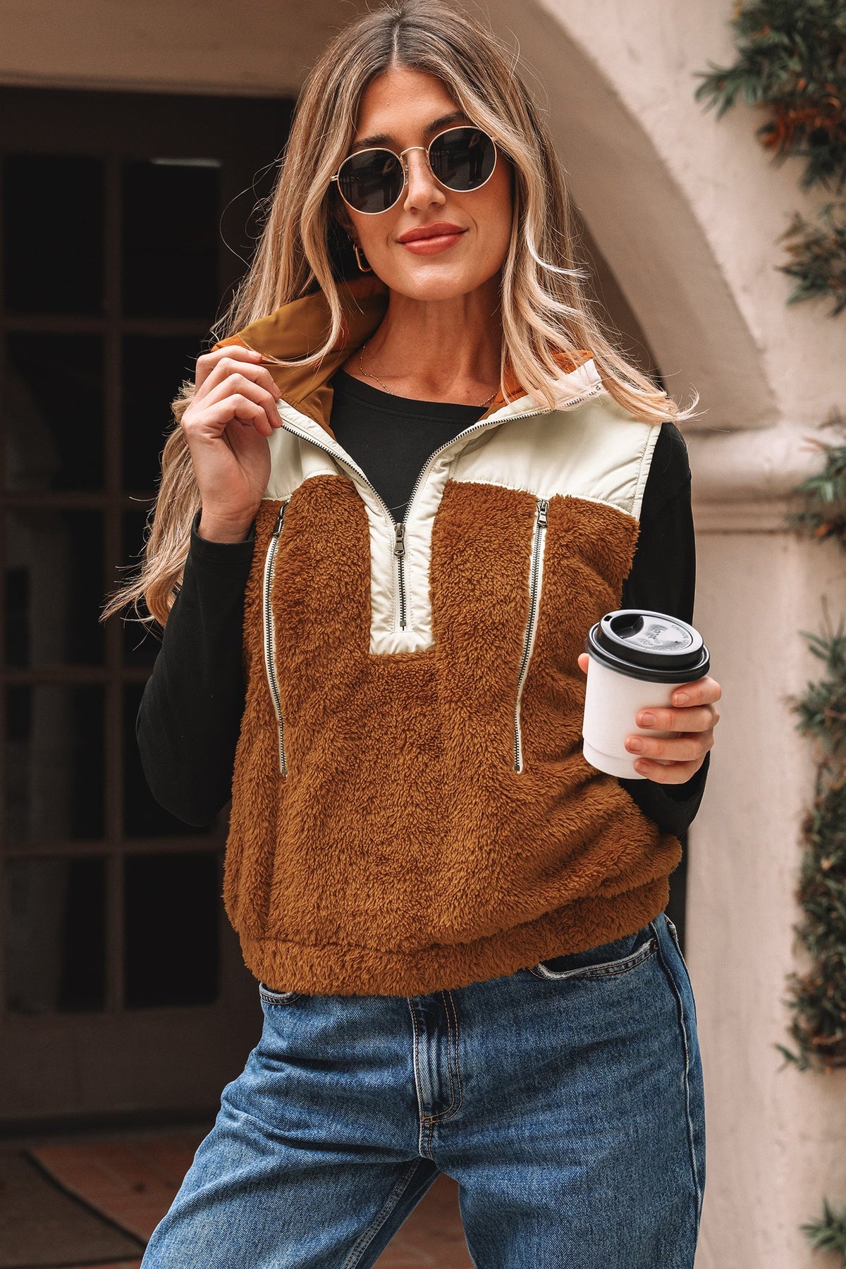 Colorblock Plush Patchwork Half-Zip Vest