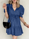 Drawstring High Waist Puff Sleeve Denim Mini Dress