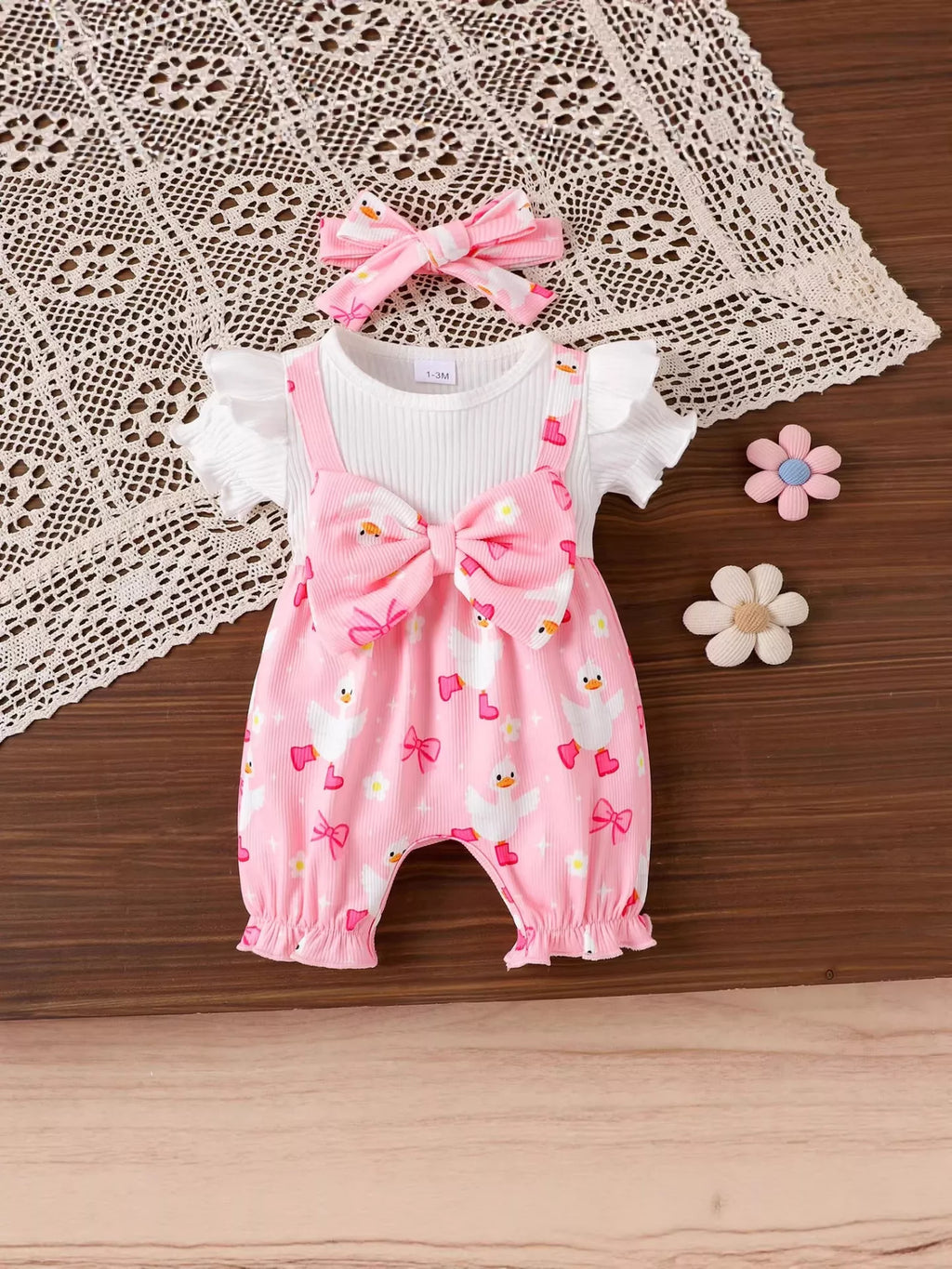 Children's Bow Duck Print Romper with Headband
