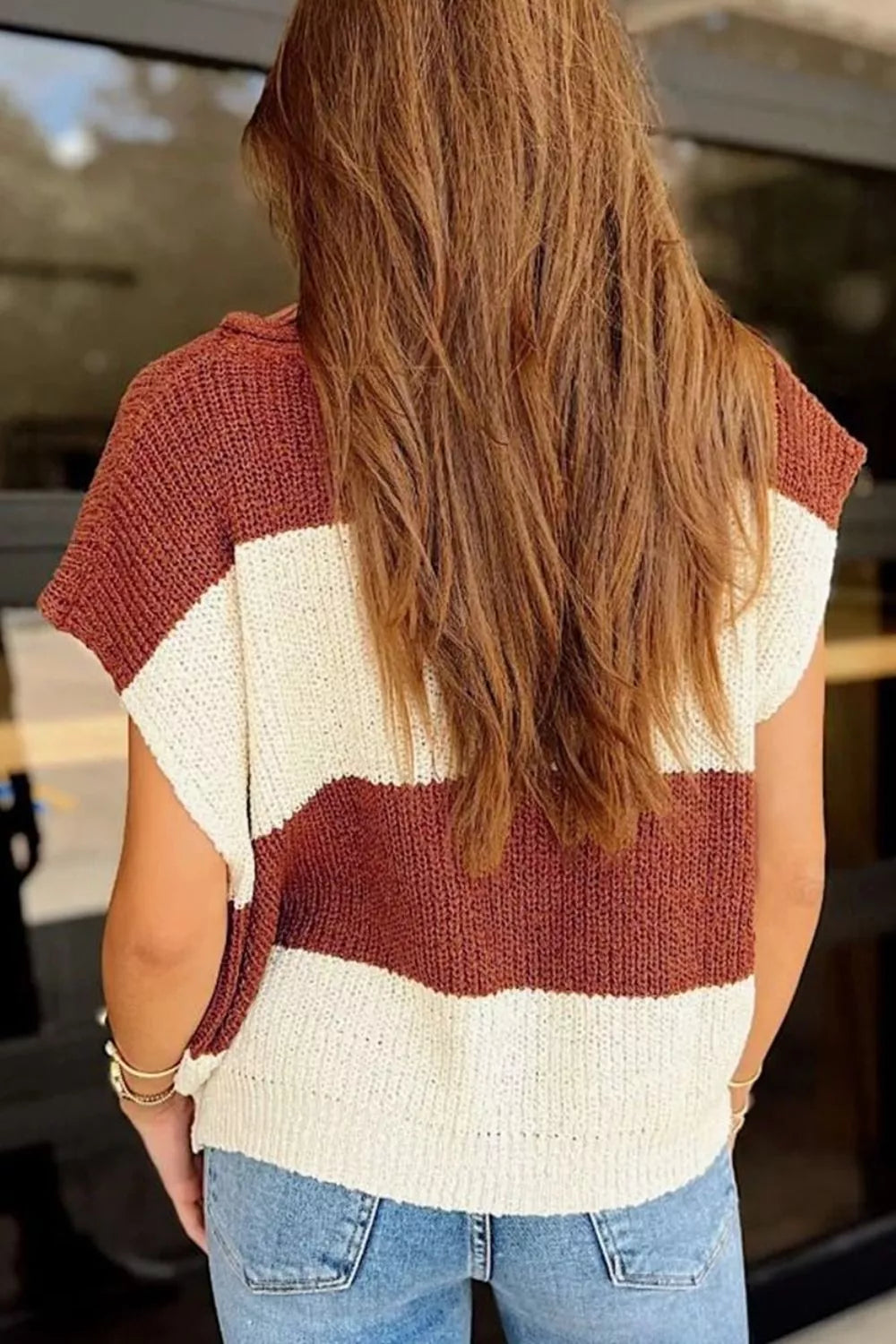 Striped Colorblock Knit Short Sleeve Loose Sweater