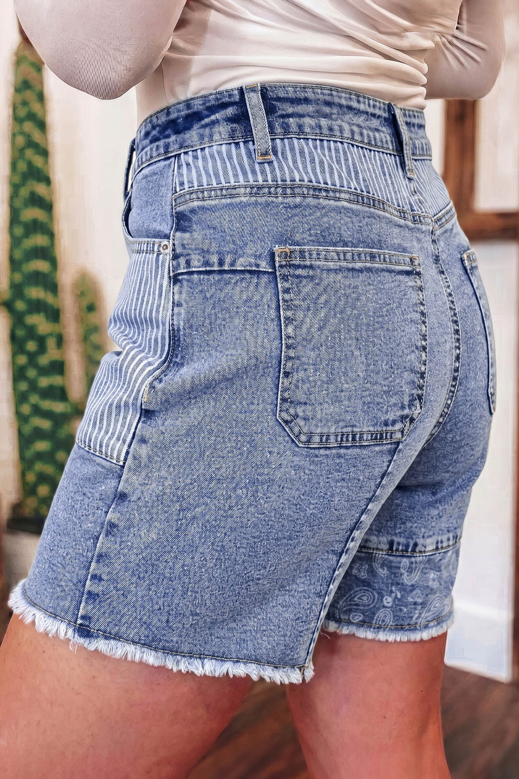 Sky Blue Striped Paisley Mixed Patchwork Raw Hem Denim Shorts