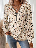 Leopard Print Zipper V-Neck Blouse