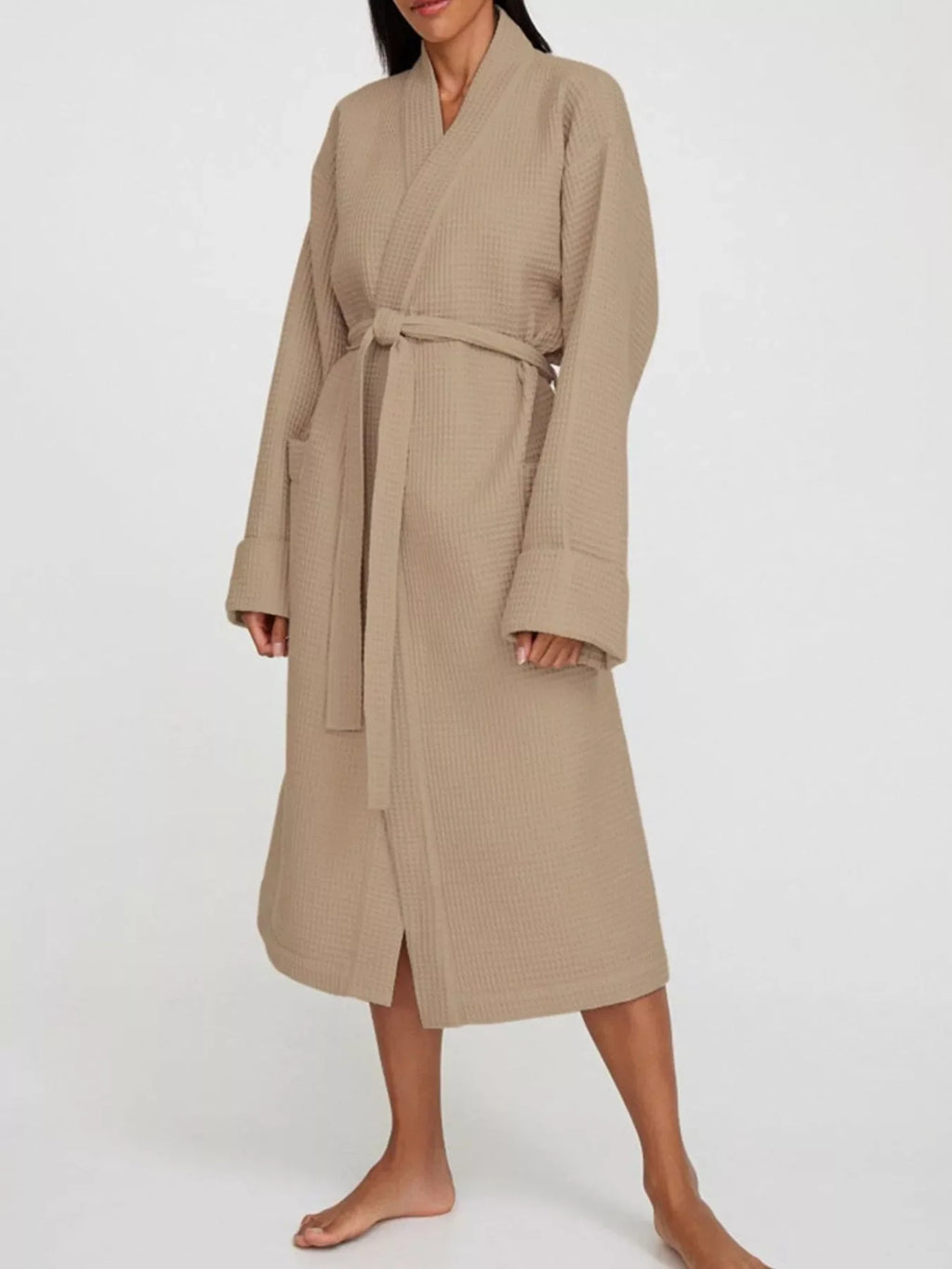 Waffle Knit Tie Waist Lounge Nightgown with Long Sleeves