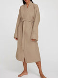 Waffle Knit Tie Waist Lounge Nightgown with Long Sleeves