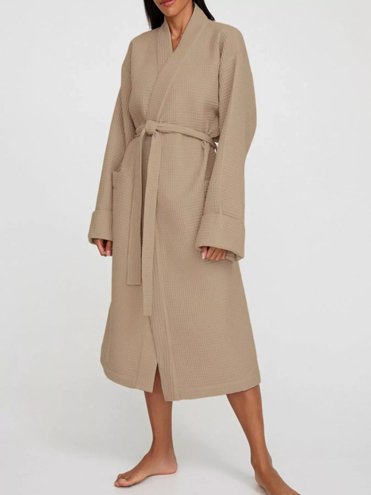 Waffle Knit Tie Waist Lounge Nightgown with Long Sleeves