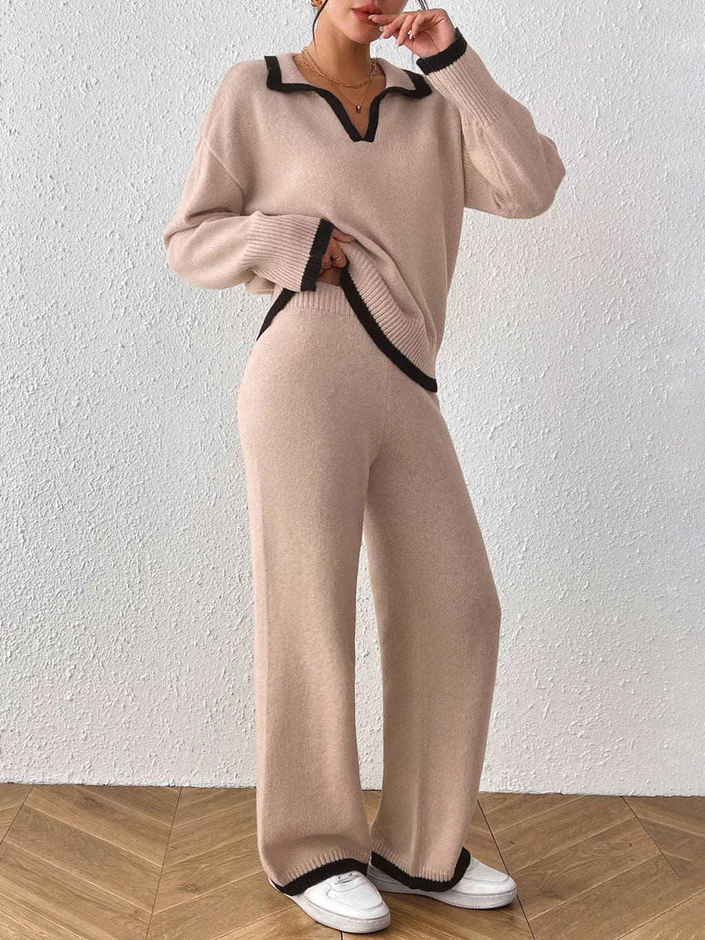 Contrast Trim Polo Collar Top and Pants Sweater Set