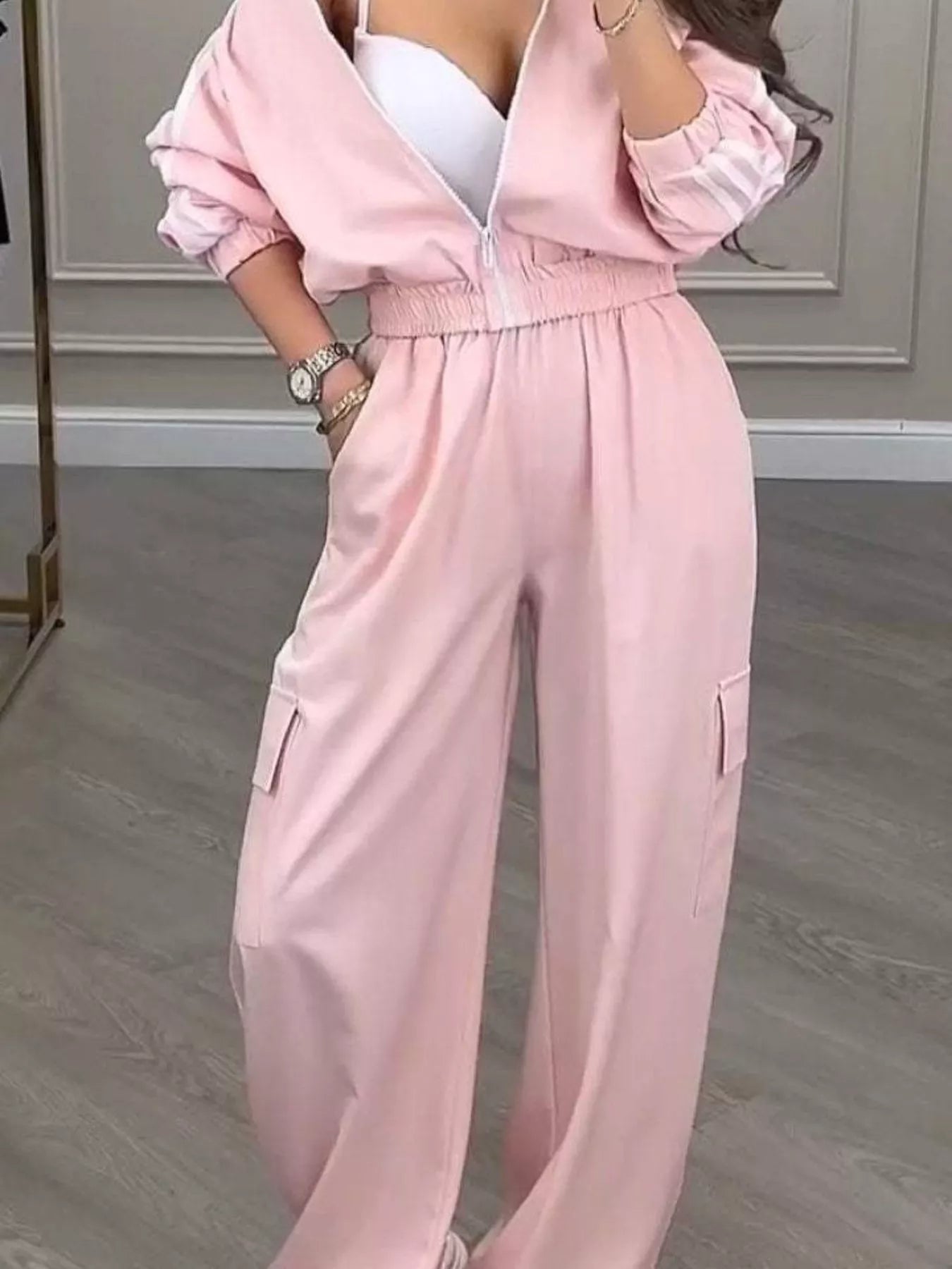 Full Size Side Striped Zip Up Outerwear and Pants Set Plus Size