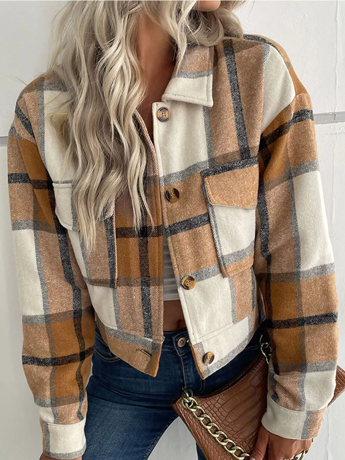 Plaid Button-Front Cropped Jacket