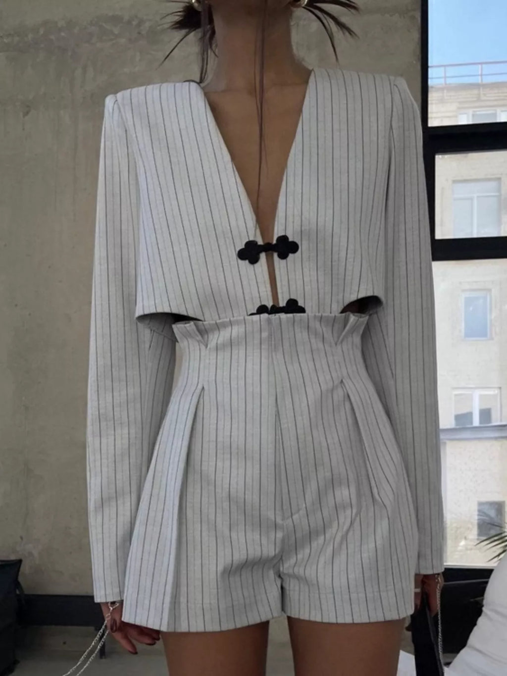 Pinstripe Cropped Blazer and Pleated Shorts Set