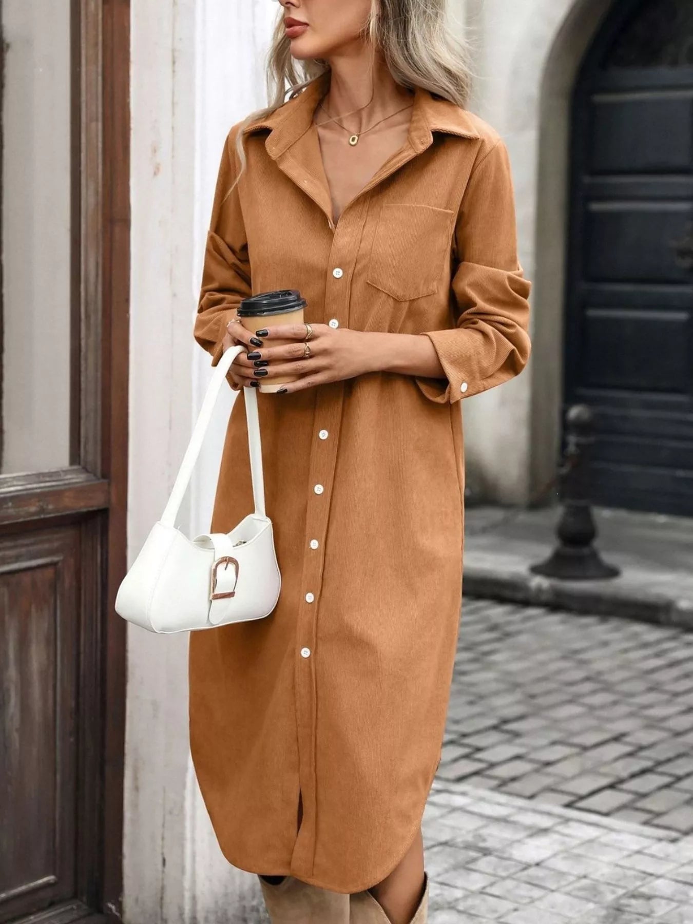 Corduroy Shirt Dress with Button-Down Front