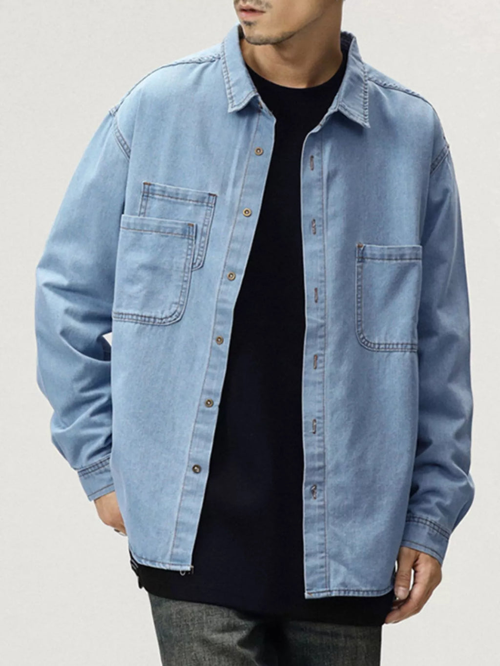 Men's Plus Size Button Up Long Sleeve Denim Shirt