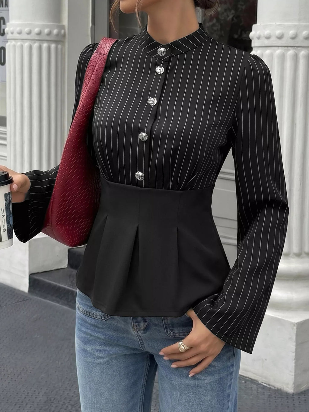 Striped Long Sleeve Peplum Blouse
