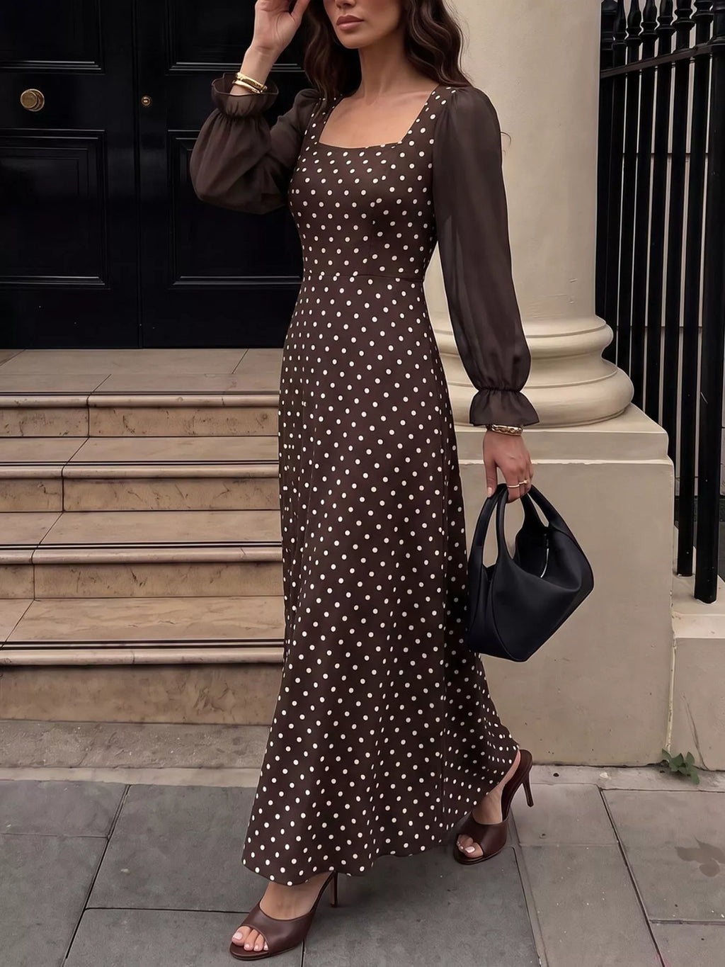 Polka Dot Square Neck Long Sleeve Maxi Dress