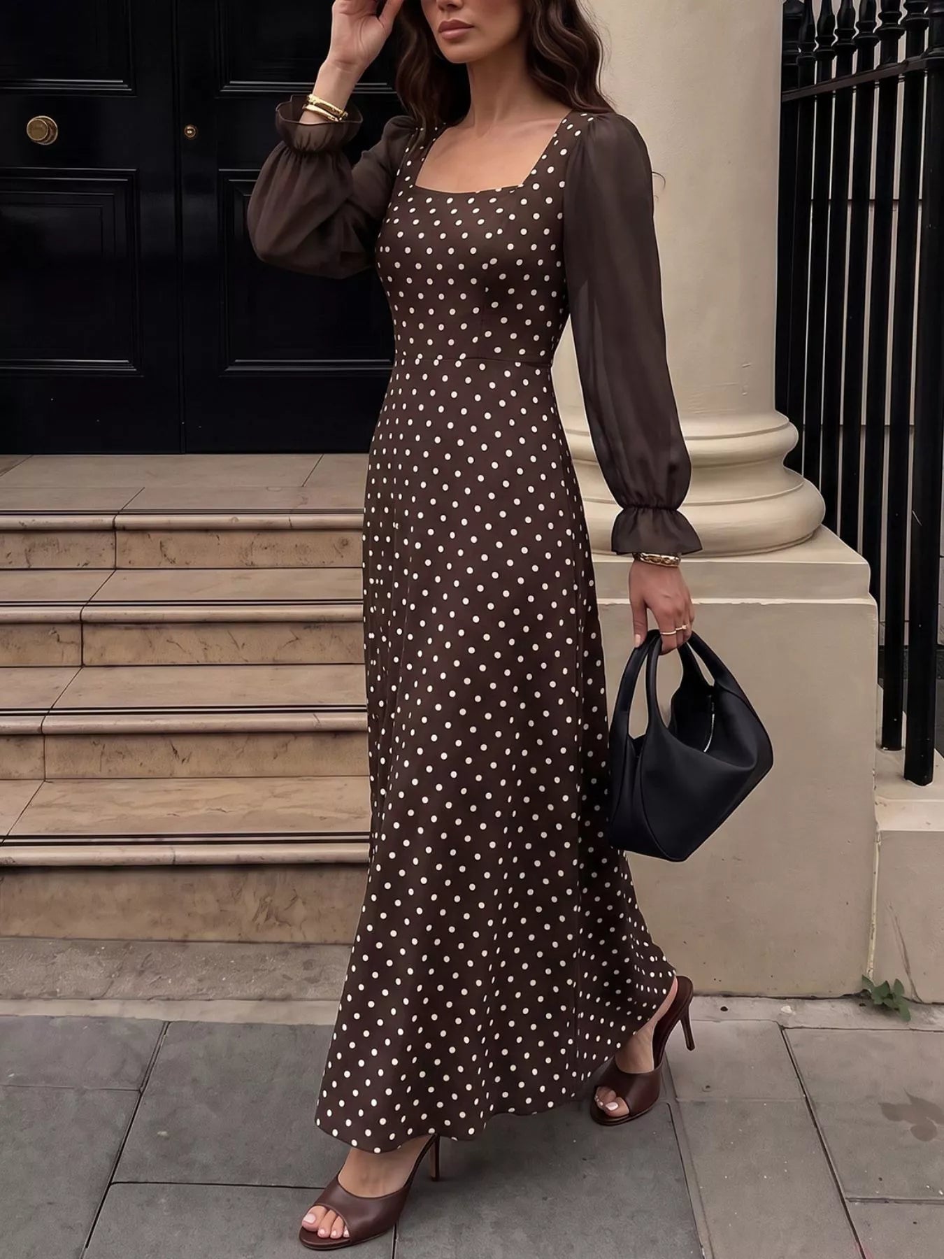 Polka Dot Square Neck Long Sleeve Maxi Dress