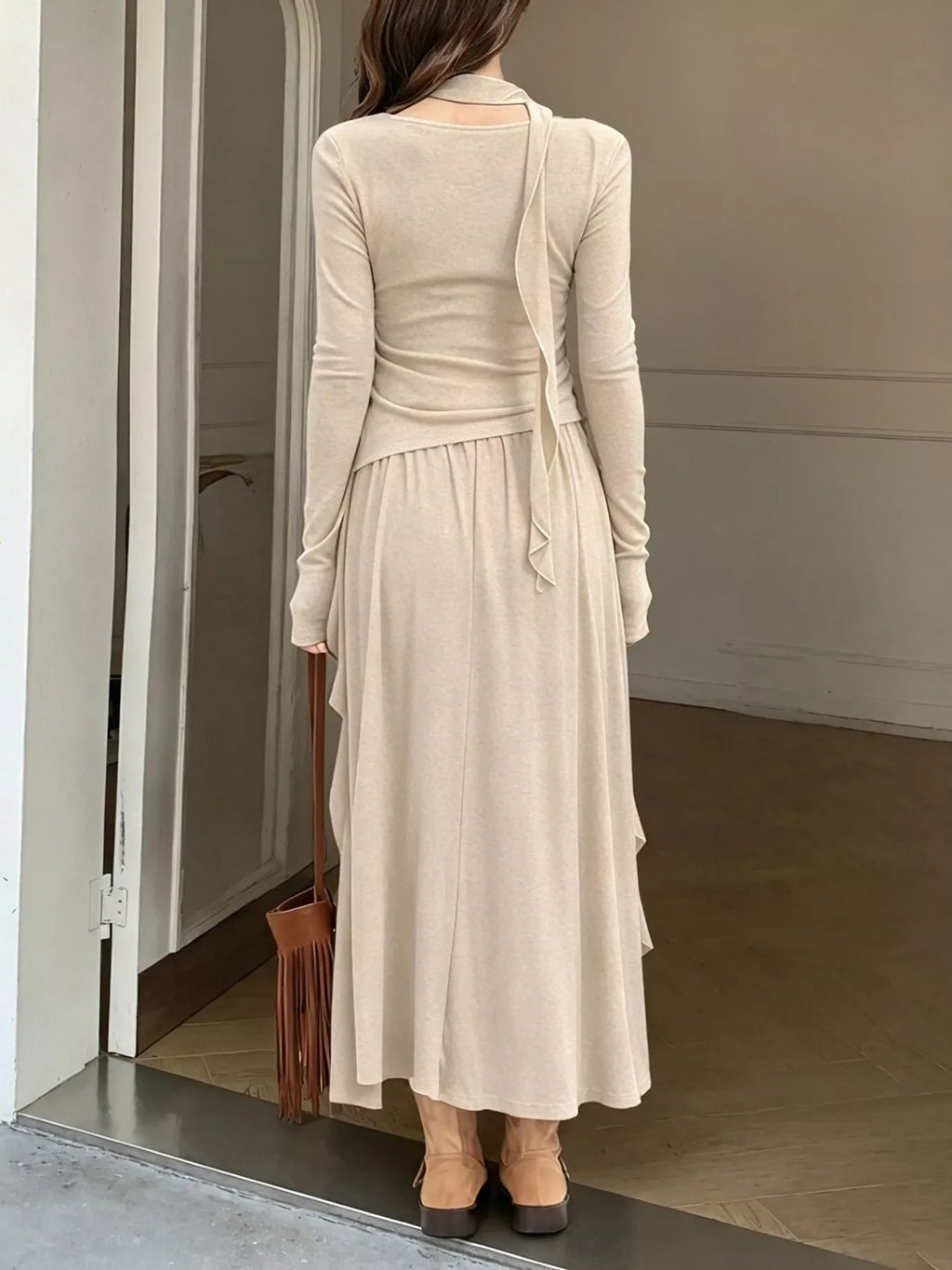Ruffled Long Sleeve Knit Top and Maxi Skirt Set