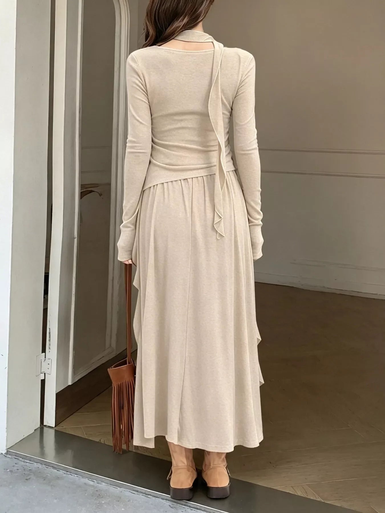Ruffled Long Sleeve Knit Top and Maxi Skirt Set